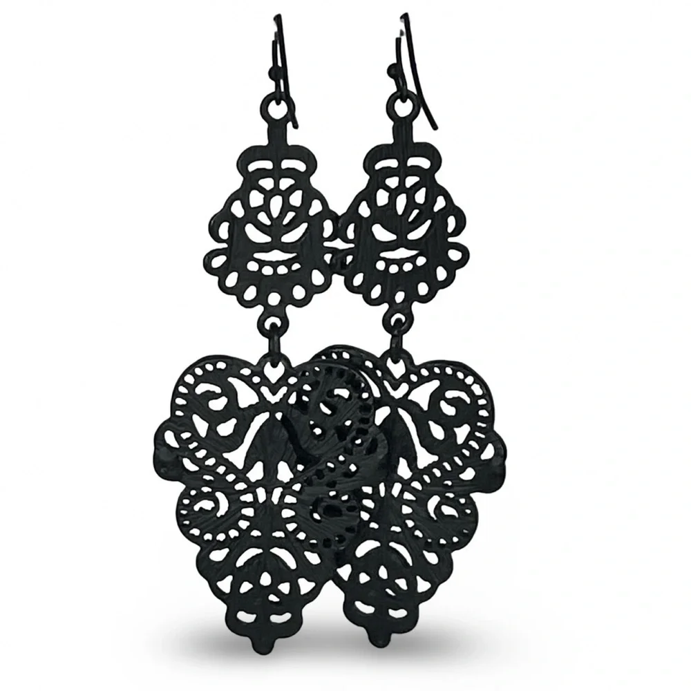 Black Metal Filigree Dangling Earrings